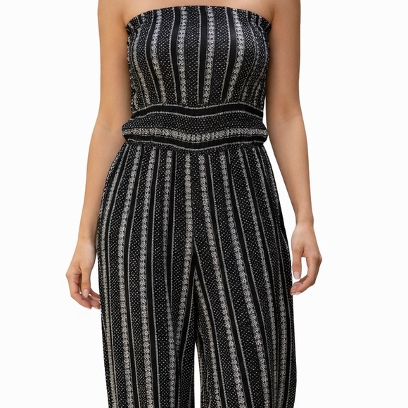 Lulus Strapless Black Print Jumpsuit Small Boho Smocked Wide Leg - Picture 3 of 9